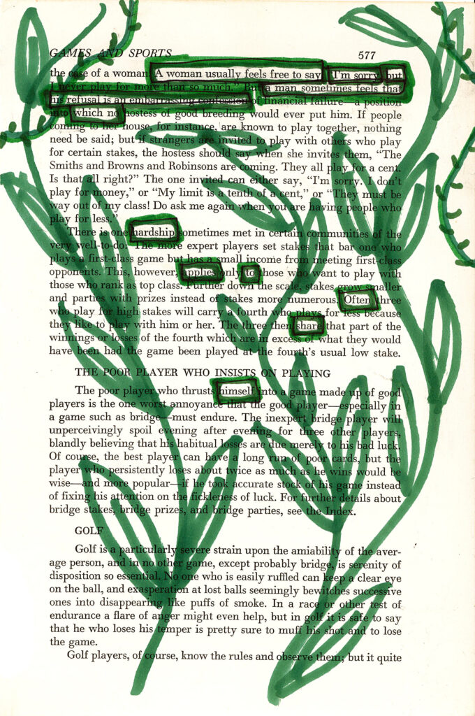 The image shows a page from a book about games and sports, with green hand-drawn plant-like shapes overlaid on the text. Some phrases are highlighted or circled in green, while others are crossed out. The green illustrations resemble leaves, stems, and abstract floral designs, creating a nature-inspired artistic effect over the printed page.