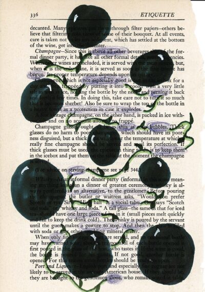 The image shows a page from an etiquette book about beverages, particularly champagne. Overlaid on the text are painted black circular shapes resembling grapes or bubbles, connected by thin green vine-like lines. Some words are highlighted in purple, creating a found poem