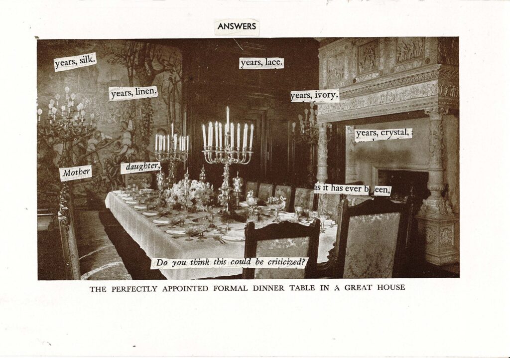 The image shows a vintage black and white photograph of an opulent formal dining room. A long table is set with fine china, crystal, and ornate candelabras. The room features elaborate wall decorations and a large fireplace. Overlaid on the image are several small pieces of text in white boxes, reminiscent of a blackout poetry project. At the top of the image is a header reading "ANSWERS" and at the bottom is a caption describing the scene.