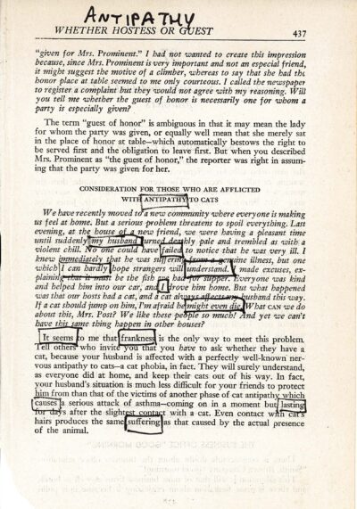 The image shows a page from a book or magazine with the title "ANTIPATHY" at the top. Throughout the page, thick black square outlines have been traced around choice words. This creates a new poem or message from the original text. phrases and sentences.