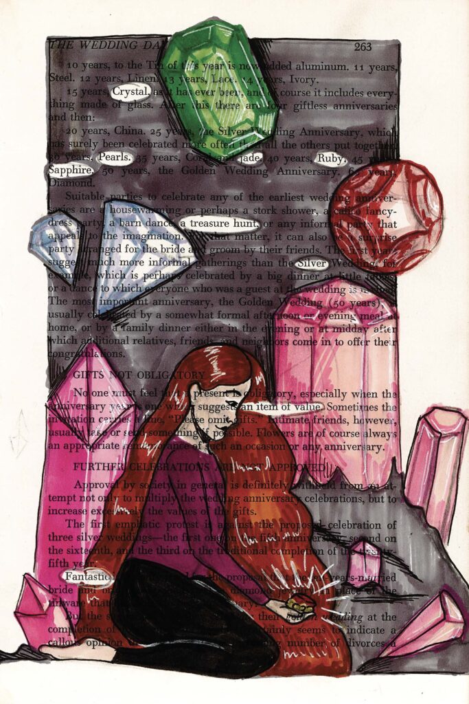 This image shows a page from a book about wedding traditions, overlaid with colorful illustrations. Various gemstones and crystals are depicted, including a large green emerald, red rubies, and pink crystals. Kneeling woman with billowing red hair, looking down at a small jewelry box in her own hand, is prominently featured in the foreground. The text on the page is partially obscured by these illustrations.