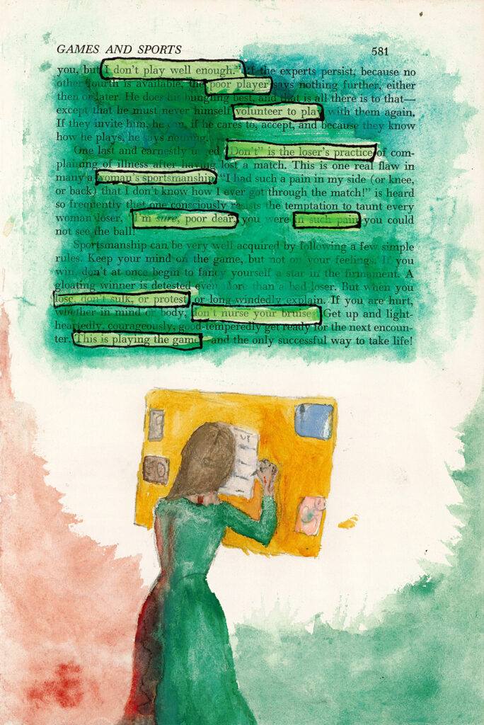 The image shows a page titled "GAMES AND SPORTS" from a book, with text overlaid by green watercolor. Some phrases are highlighted or boxed. Below the text is a watercolor illustration of a woman in a green dress facing a painting easel. The overall color scheme is dominated by greens, yellows, and soft reds, creating a artistic, collage-like effect.