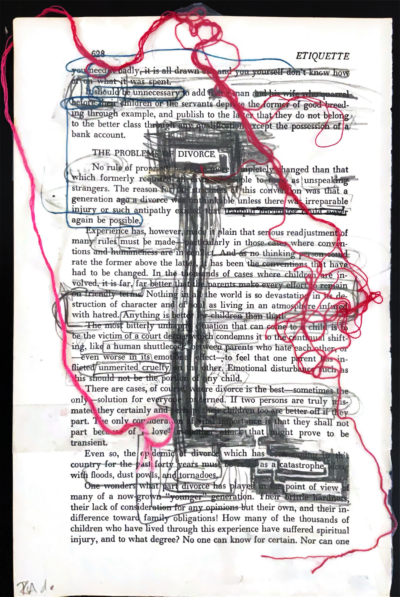 A Blackout poetry project on a page of text, with most words obscured in black. The remaining words form a new poem, highlighted with blue and black outlines. The page is adorned with red thread coming unravelled across the text, circling the word "love"