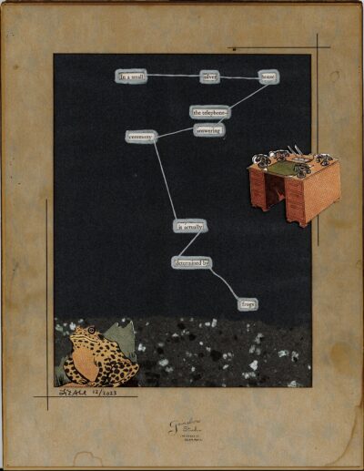 The image shows a framed artwork on a dark background. It features cut-out words connected by thin white lines, forming a branching diagram. In the lower right corner is an illustration of an antique desk with multiple telephones. At the bottom of the frame is a colorful illustration of a spotted frog. The frame is beige with thin black lines in the corners. A signature and date are visible at the bottom left, and a studio name is printed at the bottom of the frame.