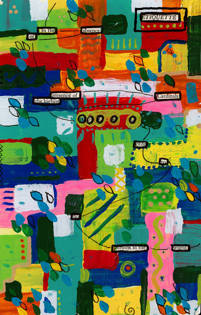 The image shows a vibrant abstract painting with a collage-like composition. It features a patchwork of colorful rectangles and shapes in various hues including red, blue, green, yellow, and pink. Scattered throughout are black text snippets, creating a blackout poetry effect. The painting is adorned with organic shapes resembling leaves or petals in blue and green, as well as circles, dots, and linear elements.