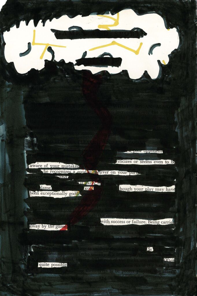 The image shows a page of text heavily obscured by black paint, creating a dark, moody background. In the upper portion, there's a white cloud-like shape with yellow zigzag lines. Throughout the blackened areas, small strips of text remain visible, creating a fragmented poem. A streak of dark red paint runs vertically through the center of the page.