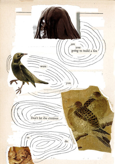 A Blackout poetry project on a page of text, with most words obscured by whiteout to form a new poem from the remaining visible words. The page features artistic elements including a dark hooded figure at the top, an illustration of a bird on the left, and a vintage image of two birds on the right. Black swirling lines are drawn around the visible words, adding to the visual composition.