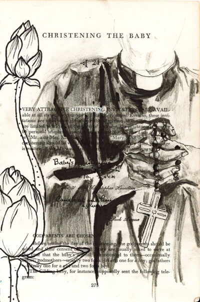 This image shows a vintage page about christening a baby, overlaid with a sketch of a priest's collar and robes. On the left side are hand-drawn flower buds. The page includes printed text, partially obscured by the sketch. A small cross pendant is visible near the bottom right. The overall effect combines elements of a religious ceremony with artistic interpretation, creating a layered, black and white composition.