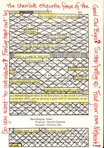 This image shows a page from a book about club etiquette, with sections of text crossed out in a diamond pattern. Some phrases are highlighted in yellow. Red handwritten text surrounds the page margins, creating a frame-like effect. The overall appearance suggests a creative alteration of the original text, emphasizing certain parts while obscuring others.