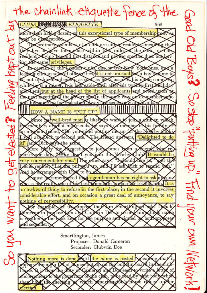 This image shows a page from a book about club etiquette, with sections of text crossed out in a diamond pattern. Some phrases are highlighted in yellow. Red handwritten text surrounds the page margins, creating a frame-like effect. The overall appearance suggests a creative alteration of the original text, emphasizing certain parts while obscuring others.