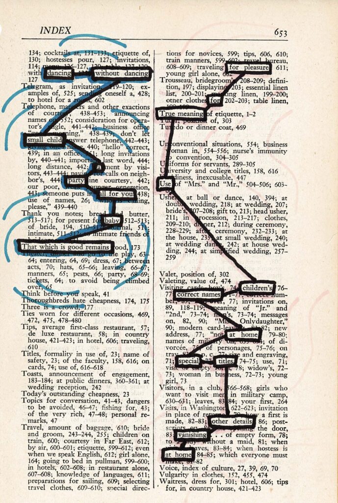 The image shows a page from an index or table of contents, with most of the text blacked out. Blue lines connect selected words and phrases that remain visible, creating a new poetic message. The visible words form a shape resembling a person or stick figure on the page, with the word "INDEX" at the top serving as the head.