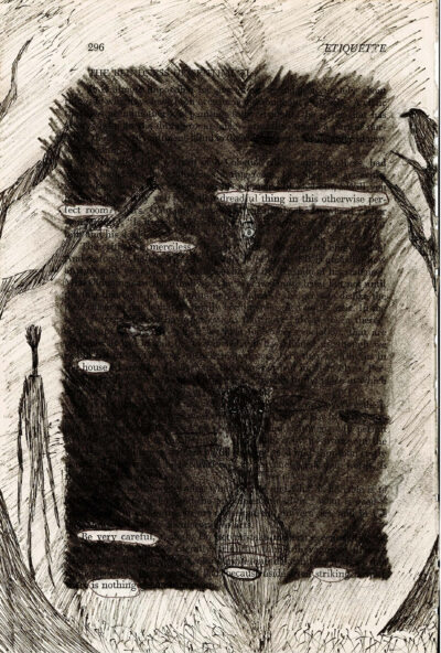 The image shows a page from a book heavily obscured by dark, textured charcoal shading that forms a rectangle. The shading forms a large rectangular shape in the center, surrounded by lighter areas with visible hatching marks. In the center of the dark rectangle an eyeball peers through a slit. Small fragments of text remain visible, creating a found poem effect. Sketchy illustrations of tall human figure and a bird in a tree are along the edges, giving the piece an eerie quality.