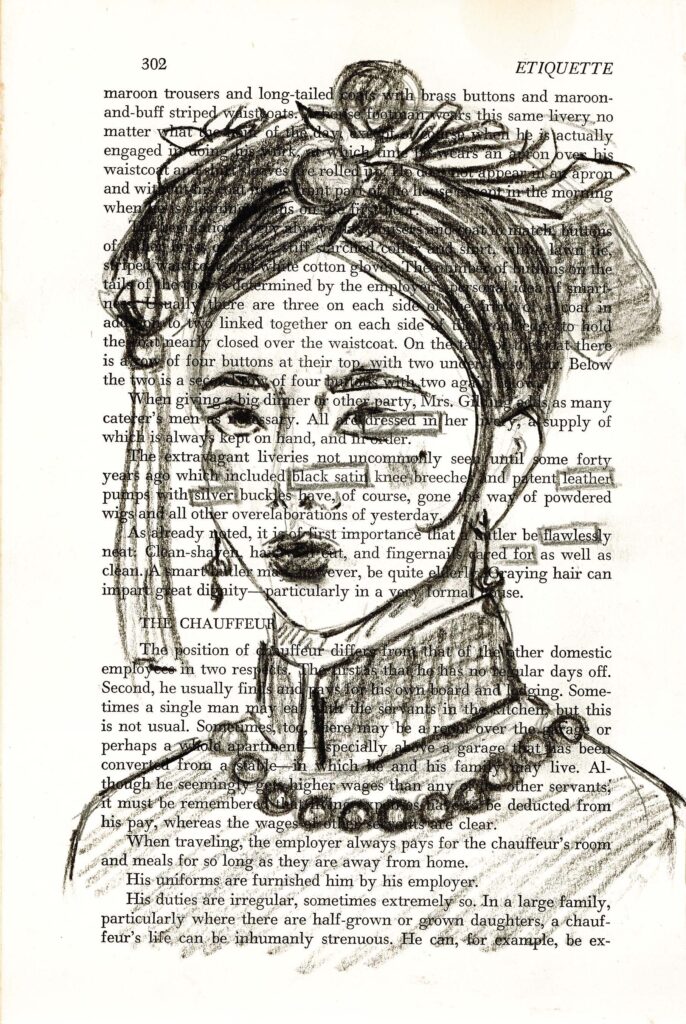 The image shows a book page with printed text overlaid by a large charcoal sketch of an Asian person's face. The face, drawn in bold, expressive strokes, dominates the page, with features like eyes, nose, and hair clearly defined. The sketch creates a striking contrast against the text background, giving the impression of a portrait. Certain words are emphasized by square outlines, forming a found poem.