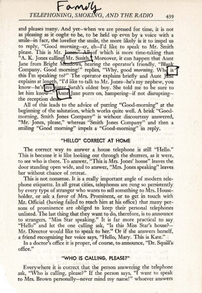 The image shows a page from a book or article about telephone etiquette. Some words and phrases are circled or underlined in black ink, creating a blackout poetry effect. The visible title at the top of the page reads "TELEPHONING, SMOKING, AND THE RADIO", with the word "Family" handwritten above it. The rest of the page contains paragraphs of text discussing proper ways to answer and conduct telephone conversations.