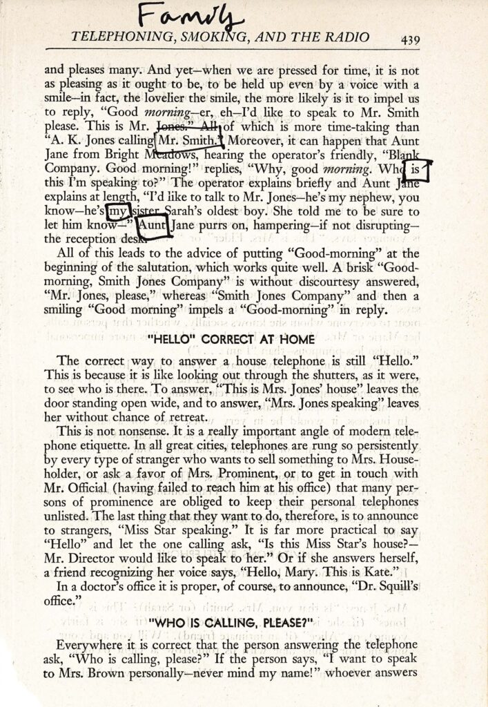 The image shows a page from a book or article about telephone etiquette. Some words and phrases are circled or underlined in black ink, creating a blackout poetry effect. The visible title at the top of the page reads "TELEPHONING, SMOKING, AND THE RADIO", with the word "Family" handwritten above it. The rest of the page contains paragraphs of text discussing proper ways to answer and conduct telephone conversations.