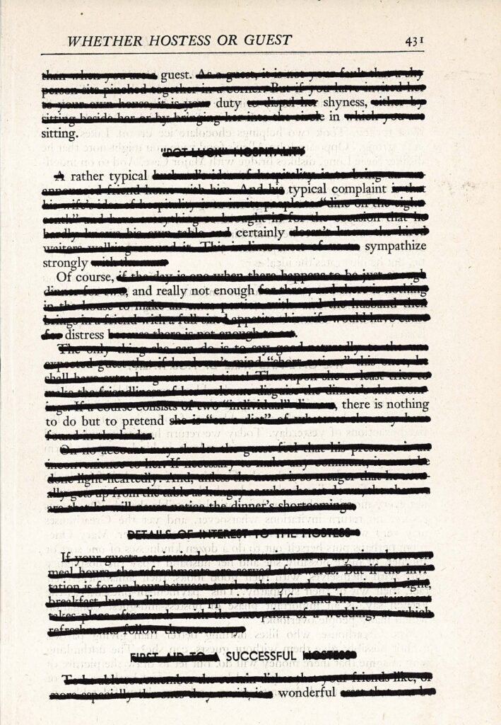 The image shows a page from a book with the title "WHETHER HOSTESS OR GUEST." Most of the text on the page has been redacted or blacked out, creating a blackout poetry effect. Only select words and phrases remain visible, scattered throughout the page. The background is an off-white paper with slight aging or discoloration visible.