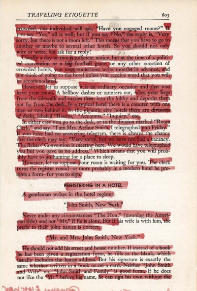 The image shows a page from a book about etiquette. Several passages are highlighted in red, creating a "blackout poetry" effect by emphasizing the unhighlighted words. The page title "TRAVELING ETIQUETTE" is visible at the top. The text discusses hotel registration procedures and proper ways to sign a hotel register. At the bottom of the page, there are pink scribbles in the margin.