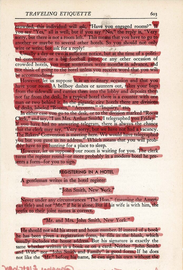 The image shows a page from a book about etiquette. Several passages are highlighted in red, creating a "blackout poetry" effect by emphasizing the unhighlighted words. The page title "TRAVELING ETIQUETTE" is visible at the top. The text discusses hotel registration procedures and proper ways to sign a hotel register. At the bottom of the page, there are pink scribbles in the margin.