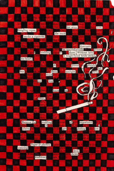 This image shows a page with a red and black checkered pattern overlay. Small sections of text are visible through the pattern, creating a fragmented narrative. In the upper right corner, there's a simple illustration of a lit cigarette with curling smoke. The overall effect is striking, with the bold colors and pattern contrasting against the visible text