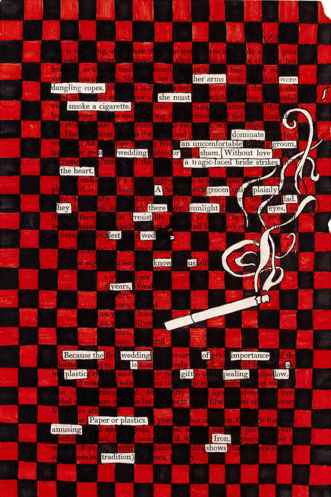 This image shows a page with a red and black checkered pattern overlay. Small sections of text are visible through the pattern, creating a fragmented narrative. In the upper right corner, there's a simple illustration of a lit cigarette with curling smoke. The overall effect is striking, with the bold colors and pattern contrasting against the visible text
