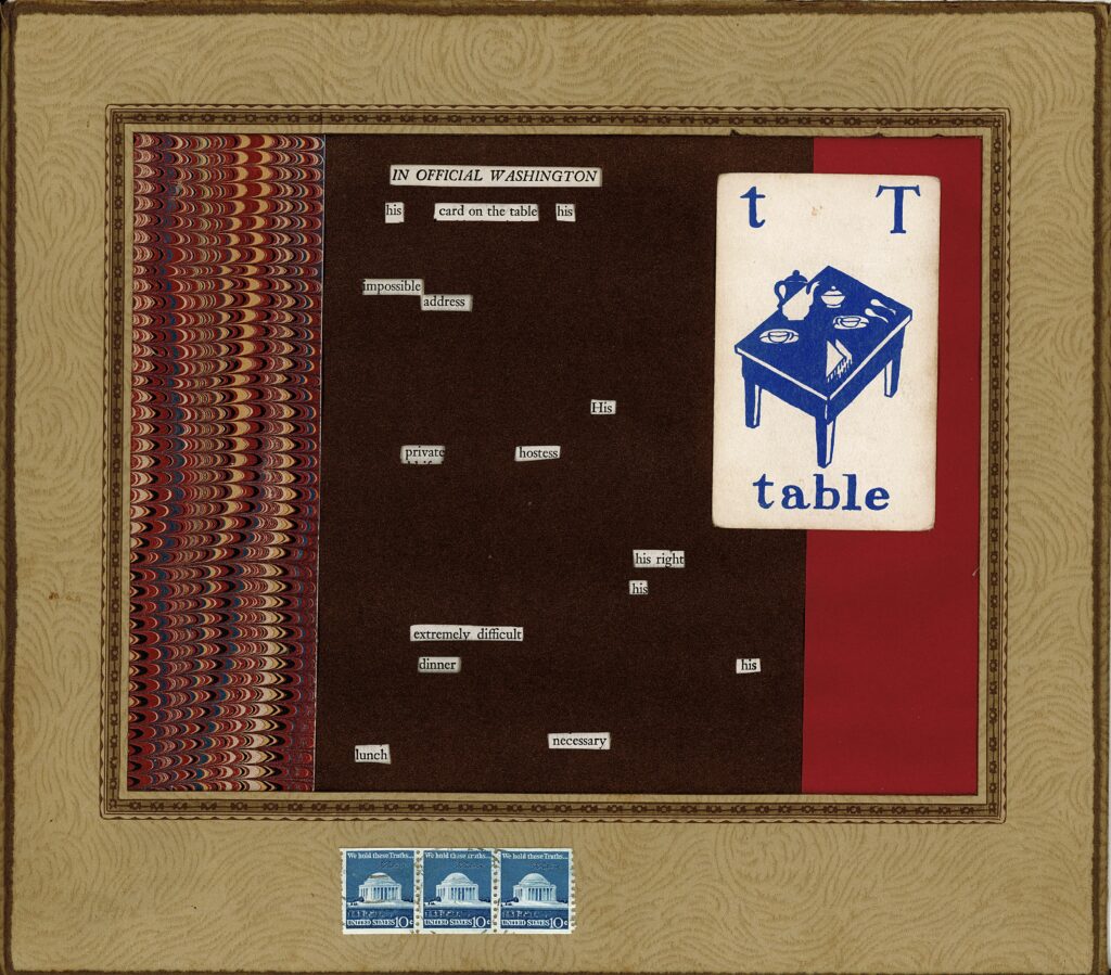 The image shows a framed collage-style artwork. It features a dark brown background with scattered words cut out from text, creating a black out poetry effect. A colorful marbled pattern is on the left side, and a red strip on the right. A white card with a blue table illustration and the word "table" is prominently displayed. The frame has a beige border with a swirling texture. At the bottom, outside the frame, are three blue postage stamps depicting a domed building.