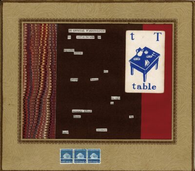 The image shows a framed collage-style artwork. It features a dark brown background with scattered words cut out from text, creating a black out poetry effect. A colorful marbled pattern is on the left side, and a red strip on the right. A white card with a blue table illustration and the word "table" is prominently displayed. The frame has a beige border with a swirling texture. At the bottom, outside the frame, are three blue postage stamps depicting a domed building.