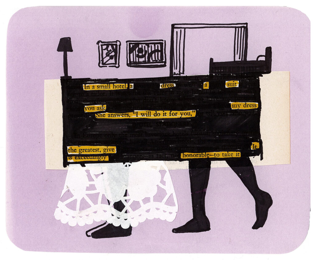 The image shows a surreal illustration on a light purple background. A black rectangular shape with legs represents a person or furniture piece. Above it are simple line drawings of a lamp and framed pictures. Below, a white lacy skirt or undergarment is visible. The black rectangle has strips of yellow text visible, creating a blackout poetry effect. The overall composition suggests a hotel room or domestic scene with an abstract interpretation.