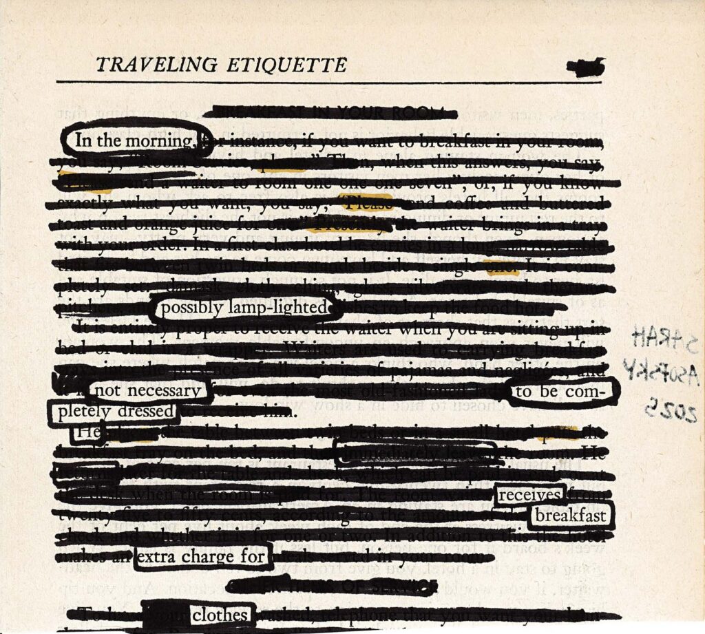 The image shows a page titled "TRAVELING ETIQUETTE" with most of the text blacked out, creating a blackout poetry effect. Select words and phrases remain visible, surrounded by heavy black lines. The page has a vintage appearance with some yellowing. 