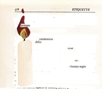 The image shows a page from a book with most of the text obscured by white space. A simple illustration of a candle with a red and yellow flame is visible on the left side. A few selected words remain visible, creating a found poem. The page number 378 and the word "ETIQUETTE" appear at the top of the page.