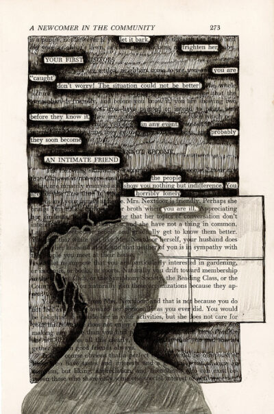 The image shows a page from a book titled "A NEWCOMER IN THE COMMUNITY" with the page number 273. Most of the text on the page has been blacked out, leaving only select words and phrases visible, creating a form of blackout poetry. In the foreground is an image of a silhouette of a person with their curly hair in a messy bun, looking out a window.