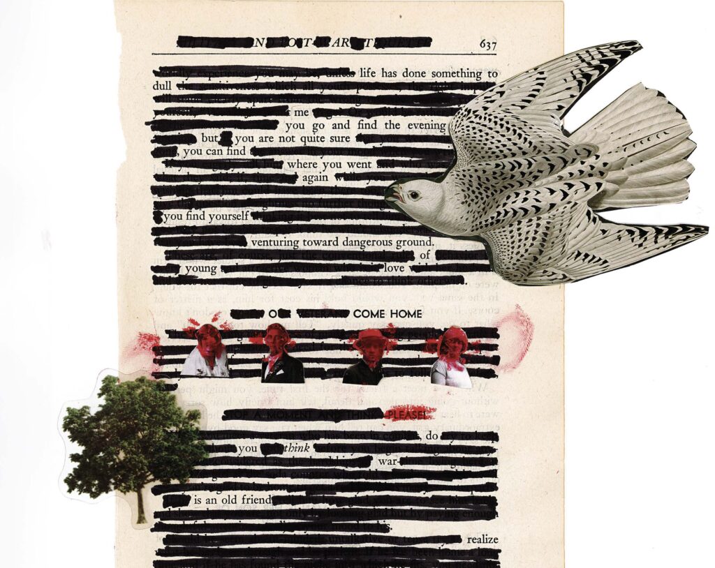 The image shows a page of text with most words blacked out, leaving only selected phrases visible. A large white bird with speckled wings appears to fly across the page. Below, there are four small red-tinted portraits of people. In the bottom left corner, a green tree is visible. The overall effect is that of a collage or mixed media artwork combining text, imagery, and redaction.