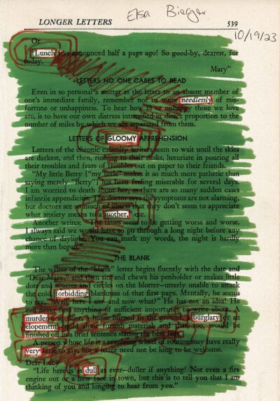 This image shows a page from a book about letter writing, with most of the text covered by green highlighter. Red pen markings circle and underline certain phrases. The page number 539 is visible at the top right, along with a handwritten date. The title "LONGER LETTERS" appears at the top of the page. Several sections of text remain uncovered, creating a blackout poem against the green background.