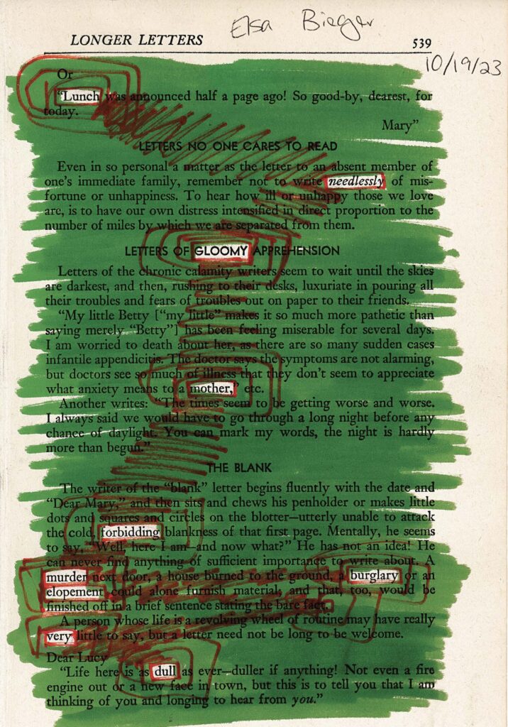 This image shows a page from a book about letter writing, with most of the text covered by green highlighter. Red pen markings circle and underline certain phrases. The page number 539 is visible at the top right, along with a handwritten date. The title "LONGER LETTERS" appears at the top of the page. Several sections of text remain uncovered, creating a blackout poem against the green background.