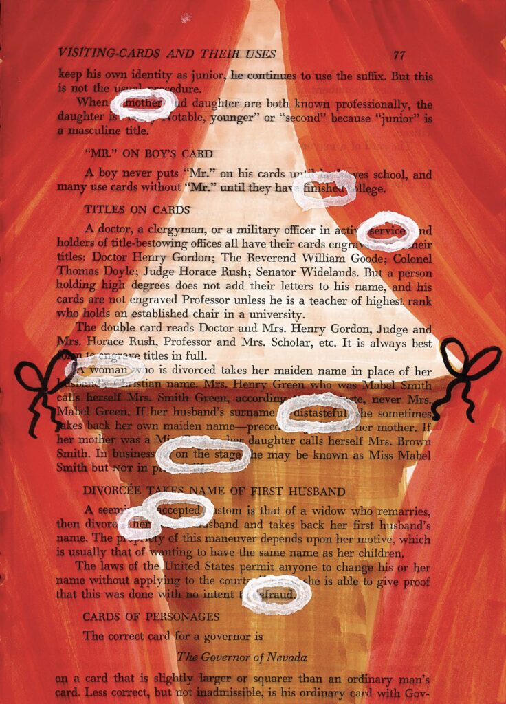 The image shows a page from a book about visiting cards and etiquette. Drawing on top of the text, the page is framed by drawn red curtains, with a block of brown on the bottom half to represent a stage. The text is mostly visible through the colorful background, but some words are circled in white-out to create a blackout poetry effect.