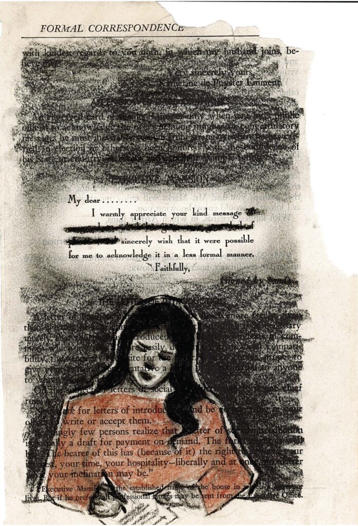 The image shows a page from a book on formal correspondence. Most of the text is blacked out, leaving only a few visible lines in the middle. Below this, a simple illustration of a woman with long dark hair and a peach-colored top is drawn over the text. The overall effect creates a stark contrast between the formal text and the hand-drawn figure, giving the appearance of an artistic blackout poetry piece.