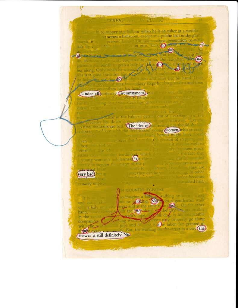 A Blackout poetry project created on a page of text, with most of the words obscured by a layer of yellow paint. The remaining visible words form a new poem, highlighted and connected by blue and red loops of thread that are sewn into the page, each of them ending with a sewing needle stuck through the paper. The yellow paint leaves a rough border around the edges of the page