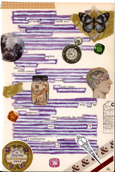 The image shows a collage-style artwork on a page with purple-highlighted text to create a blackout poem. It features various elements including a butterfly, a pocket watch, a mason jar with a bird design, a phrenology head diagram, gemstones, a moon, and a vintage label. There's also a decorative spoon and part of a map visible. The overall composition creates a vintage, eclectic aesthetic with a mix of scientific and natural imagery against a backdrop of redacted text.