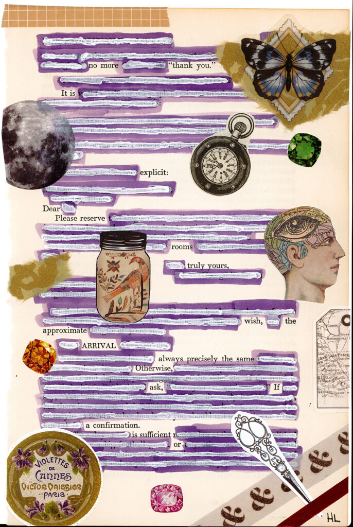 The image shows a collage-style artwork on a page with purple-highlighted text to create a blackout poem. It features various elements including a butterfly, a pocket watch, a mason jar with a bird design, a phrenology head diagram, gemstones, a moon, and a vintage label. There's also a decorative spoon and part of a map visible. The overall composition creates a vintage, eclectic aesthetic with a mix of scientific and natural imagery against a backdrop of redacted text.