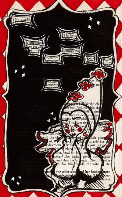 This image shows a blackout poetry artwork on a black background framed by a decorative white border. The piece features small white text boxes scattered across the top half, and a stylized figure of a clown in white and red at the bottom. Small white hearts and stars are scattered around the edges. The entire composition is set against a vibrant red background with a white chevron pattern.