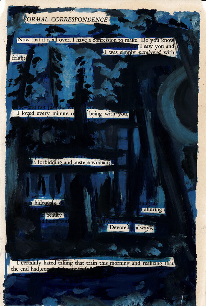 The image shows a page of text mostly obscured by dark blue paint strokes, creating a blackout poetry effect. Some words and phrases remain visible, appearing as white text against the blue background. The overall composition has a moody, atmospheric quality with varying shades of blue and black dominating the visual space.