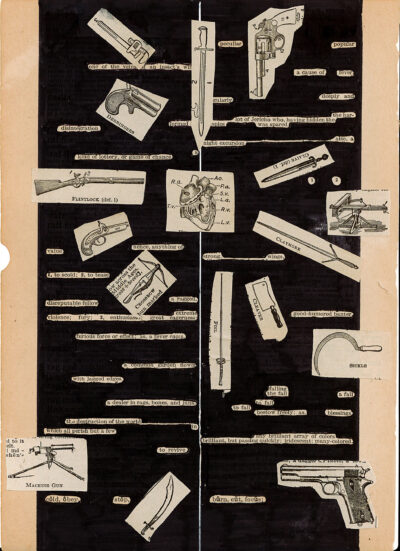 This image shows a blackout poetry piece created on a page of text, likely from a dictionary or encyclopedia. The background is mostly blacked out, with select words and phrases left visible. Interspersed throughout are various illustrations of weapons and tools, including guns, knives, a sickle, and medical diagrams. The visible text includes phrases like "peculiar", "popular", "a cause of", "disintegration", "violence", "fury", and "the destruction of the world".