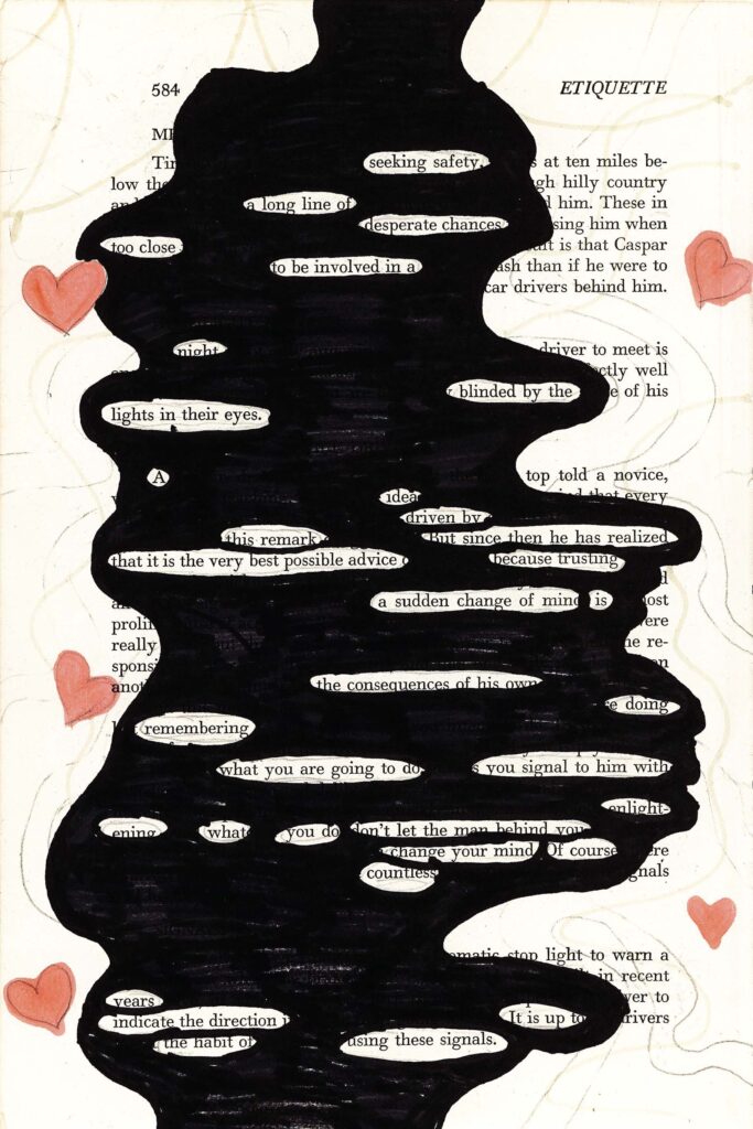 The image shows a page from a book or document with the number 584 and the word "ETIQUETTE" visible at the top. Most of the text on the page is obscured by a large, irregular black shape that covers the majority of the page. Small portions of text are left visible through oval-shaped openings in the black overlay, creating a "blackout poetry" effect. Around the edges of the black shape are several small, hand-drawn pink hearts. 