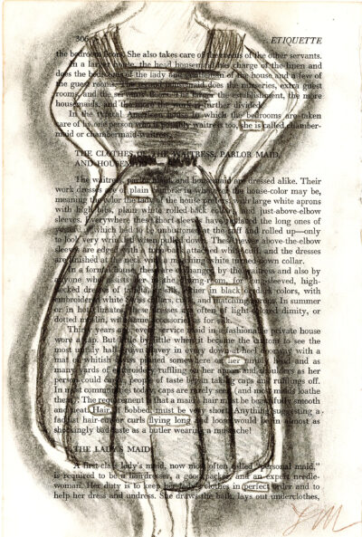 The image shows a page of text with most words heavily obscured by charcoal shading, leaving only select words and phrases visible. These visible words form a new poetic message against the darkened background. The shading depicts a gender neutral figure in a dress, hands on hips, from the neck down to ankles.