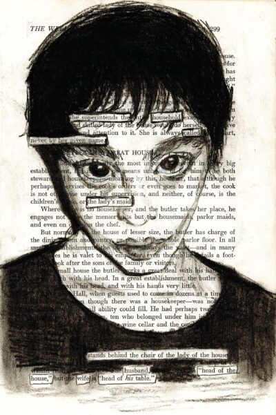 The image shows a page from a book with the page number 299 visible at the top right corner. Overlaid on the text is a large, charcoal or pencil sketch of a person's face with short dark hair and large, expressive eyes. The sketch is done in a realistic style, with shading and details that make the face stand out prominently against the text background. The sketch covers most of the page, with some text still visible around and through parts of the drawing.