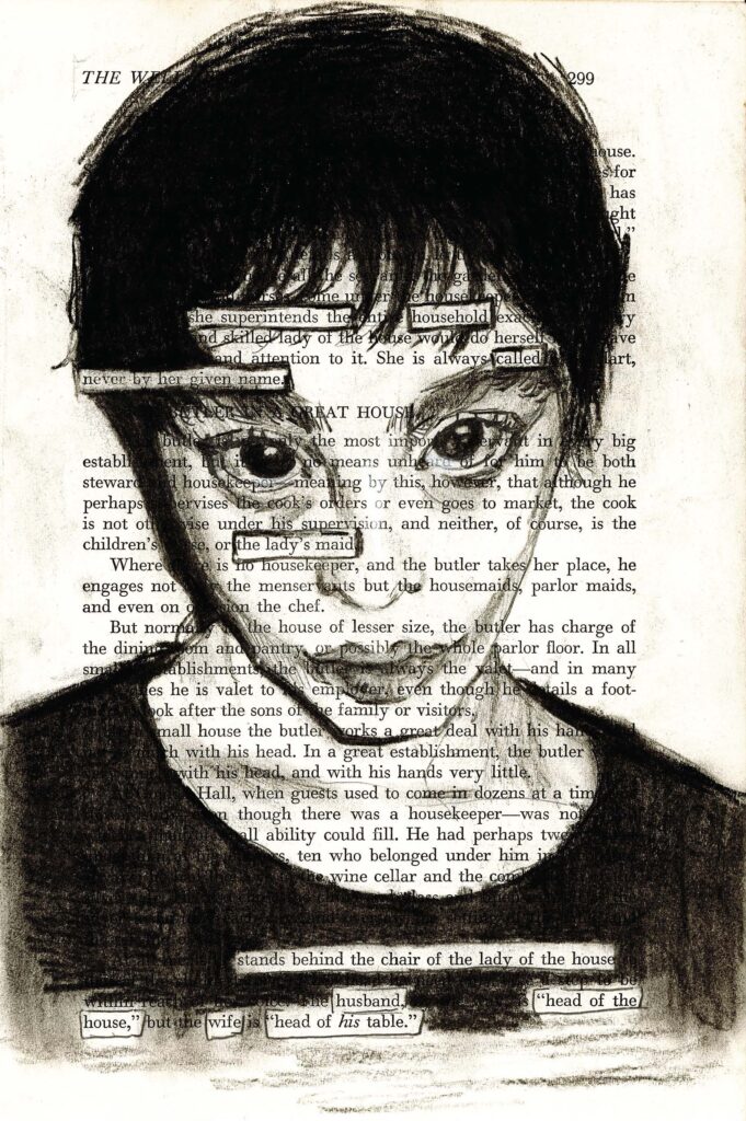 The image shows a page from a book with the page number 299 visible at the top right corner. Overlaid on the text is a large, charcoal or pencil sketch of a person's face with short dark hair and large, expressive eyes. The sketch is done in a realistic style, with shading and details that make the face stand out prominently against the text background. The sketch covers most of the page, with some text still visible around and through parts of the drawing. 