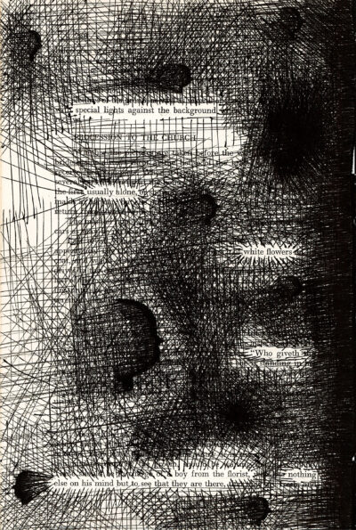 The image depicts a blackout poetry artwork created on what appears to be a page from a vintage book or newspaper. The background is completely filled with a dense, chaotic pattern of black scribbles and lines, resembling a heavily crosshatched drawing or etching. The intersecting lines form a complex, abstract texture that nearly obscures the underlying text. Amidst the dark, scratchy background, small snippets of the original printed words remain visible as white text scattered across the composition.