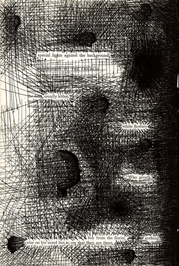 The image depicts a blackout poetry artwork created on what appears to be a page from a vintage book or newspaper. The background is completely filled with a dense, chaotic pattern of black scribbles and lines, resembling a heavily crosshatched drawing or etching. The intersecting lines form a complex, abstract texture that nearly obscures the underlying text. Amidst the dark, scratchy background, small snippets of the original printed words remain visible as white text scattered across the composition. 