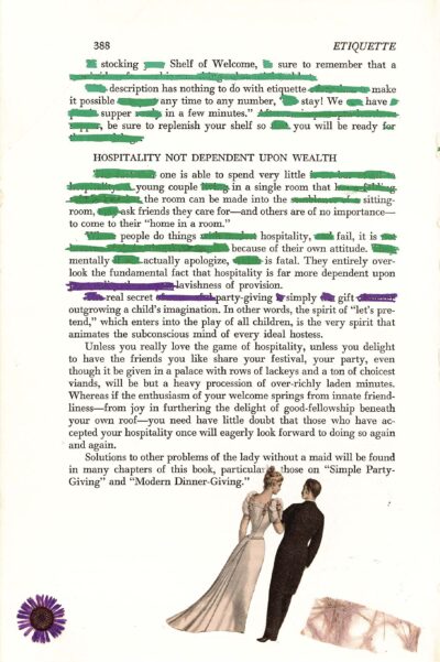 The image shows a page from an etiquette book with most of the text blacked out, leaving only select words and phrases visible. This creates a new, shorter text from the original. At the bottom of the page is an illustration of a couple in formal attire, with the woman in a long dress and the man in a suit. A purple flower is placed in the bottom left corner.