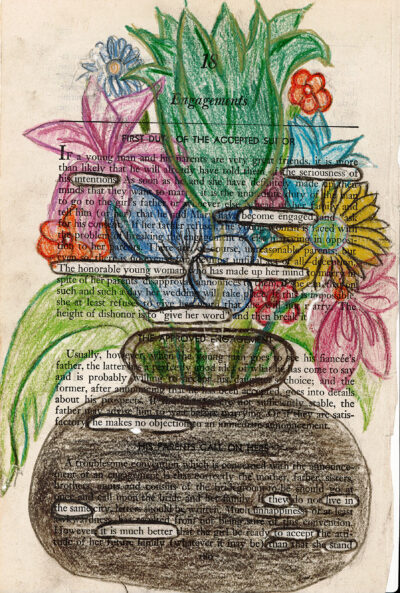 The image shows a page from a book about engagements and marriage customs, partially obscured by colorful crayon drawings of flowers and leaves. A large dark vase or pot is drawn at the bottom, containing the floral arrangement. Some words and phrases on the page are circled or underlined, creating a "blackout poetry" effect.