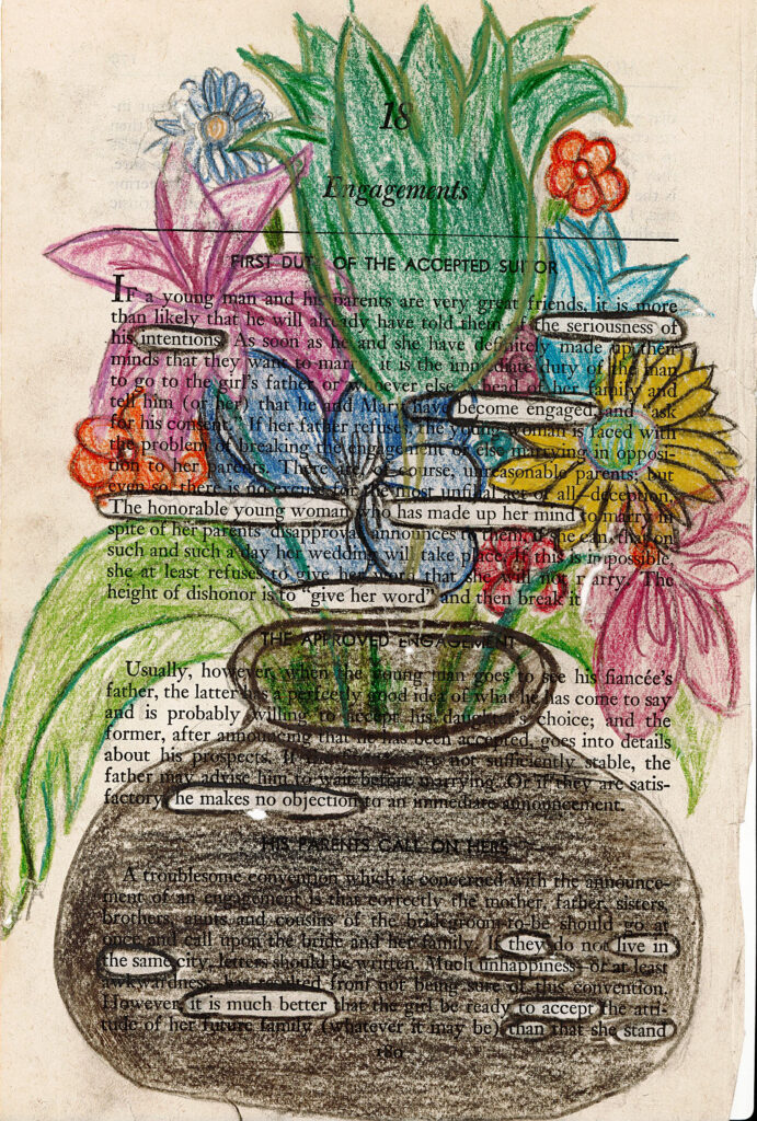 The image shows a page from a book about engagements and marriage customs, partially obscured by colorful crayon drawings of flowers and leaves. A large dark vase or pot is drawn at the bottom, containing the floral arrangement. Some words and phrases on the page are circled or underlined, creating a "blackout poetry" effect. 